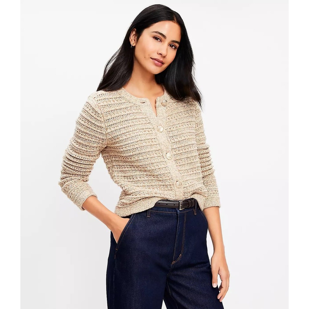LOFT XS Textured Knit Cardigan Gold Medallion Buttons Old Money‎ Preppy Women's